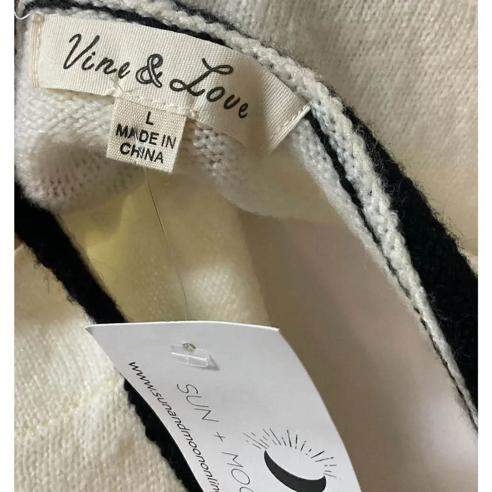 Vine And Love Women L Cream Sweater Black Trim Oversized Comfort Long Sleeve N2 - Picture 9 of 12